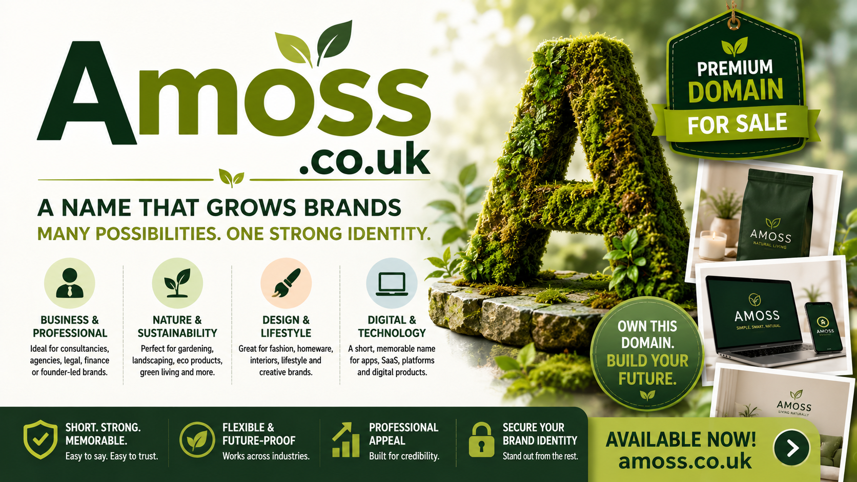 Promotional graphic featuring the domain Amoss.co.uk, shown with elegant botanical elements and modern brand-inspired visuals. Style: bright, premium and contemporary.