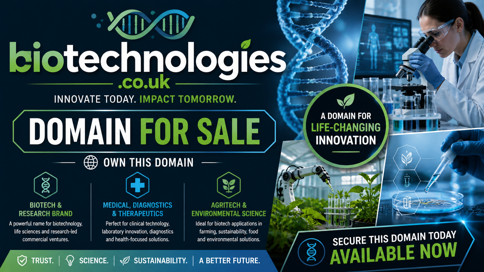 Promotional graphic featuring the domain biotechnologies.co.uk, shown with DNA strand and lab scene. Style: modern scientific tech.