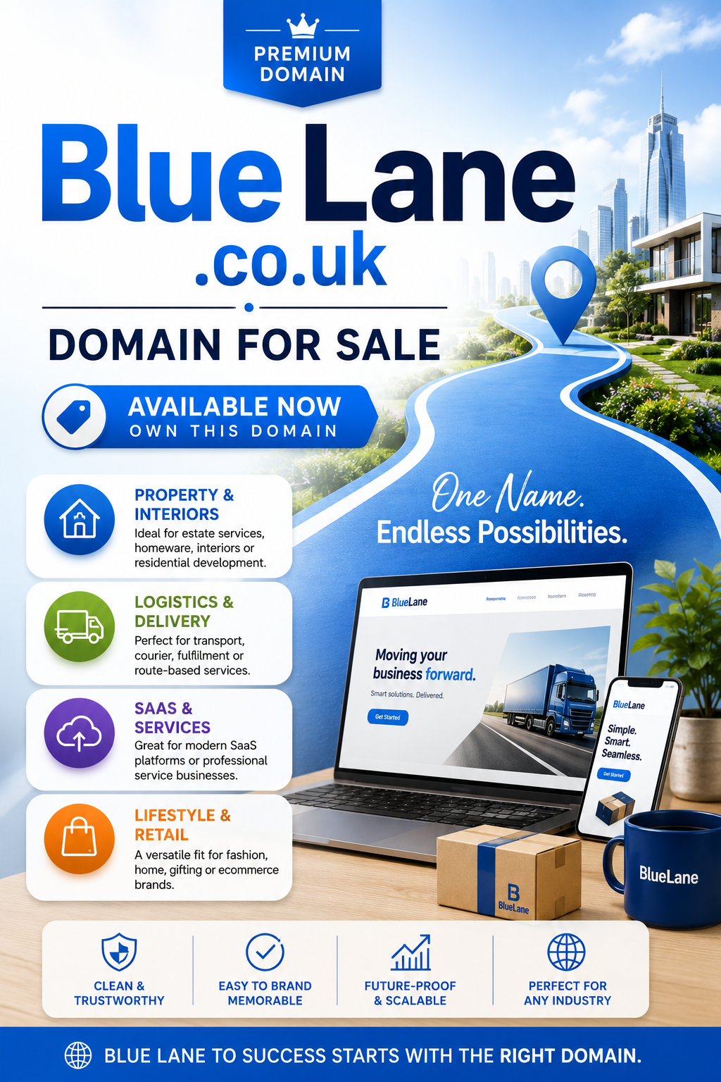 Promotional graphic featuring the domain BlueLane.co.uk, shown with a stylised blue pathway, location icons and for-sale messaging. Style: bright modern brand design.