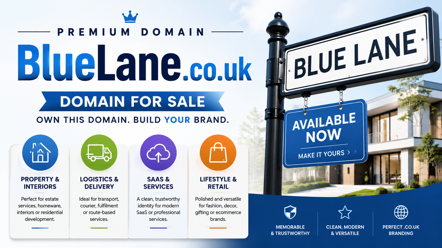 Promotional graphic featuring the domain BlueLane.co.uk, shown with a stylised blue pathway, location icons and for-sale messaging. Style: bright modern brand design.