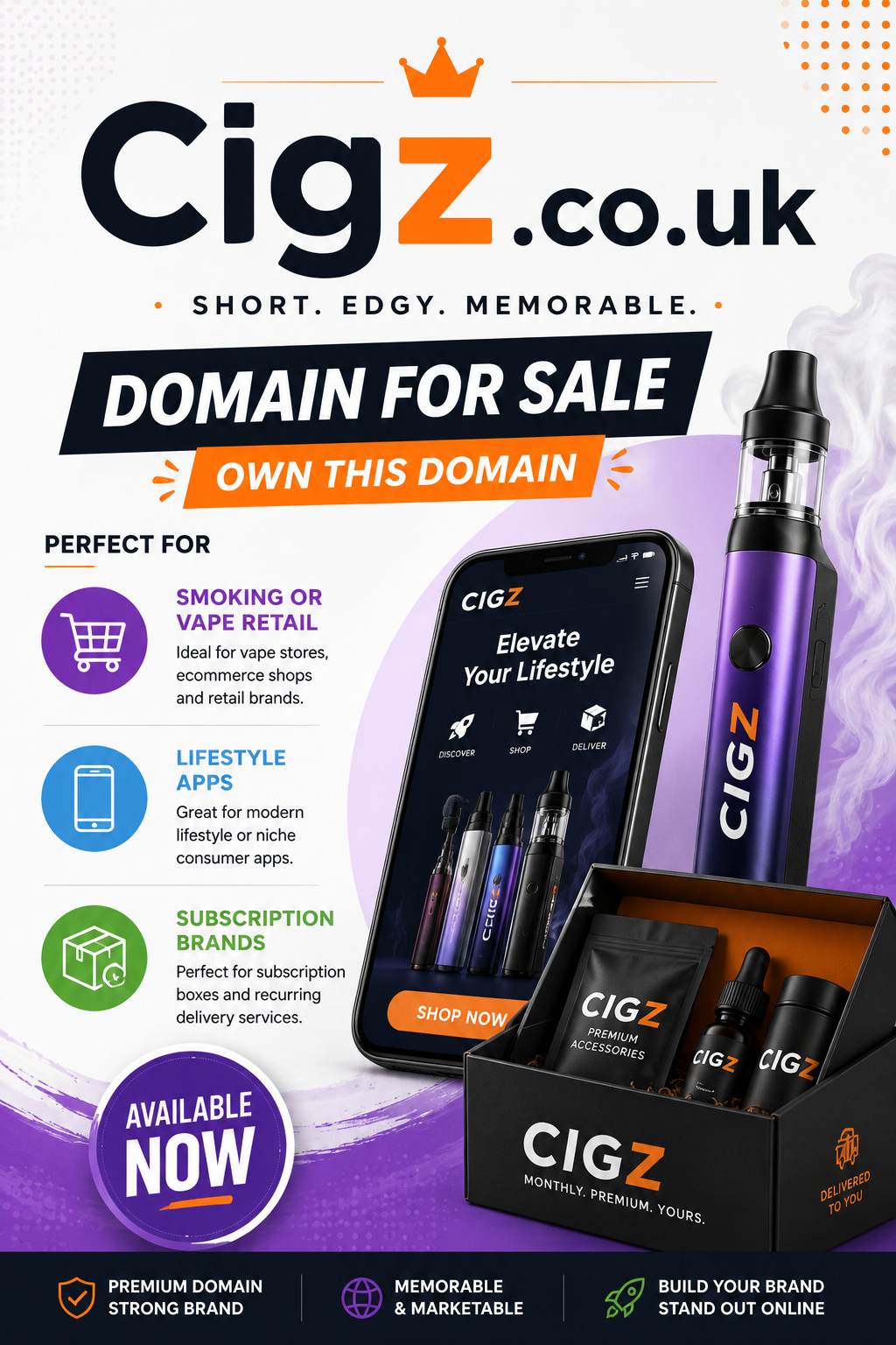 Promotional graphic featuring the domain Cigz.co.uk, shown with bold branding, lifestyle app icons and ecommerce elements. Style: bright modern startup design.