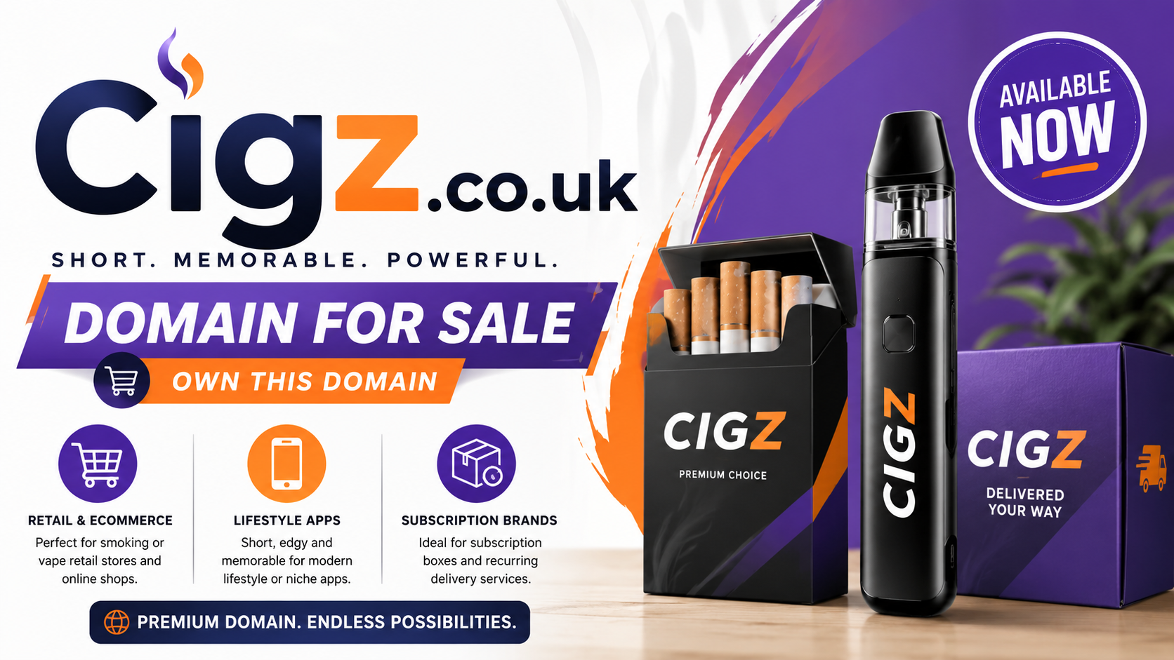 Promotional graphic featuring the domain Cigz.co.uk, shown with bold branding, lifestyle app icons and ecommerce elements. Style: bright modern startup design.