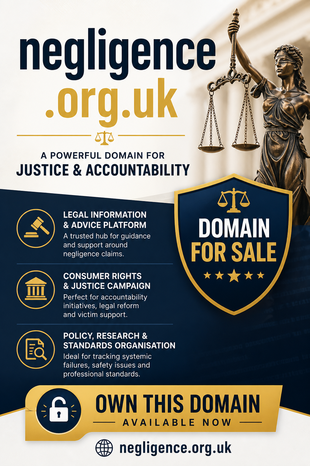 Promotional banner featuring the domain negligence.org.uk, shown with Lady Justice statue and for sale sign. Style: bold legal modern