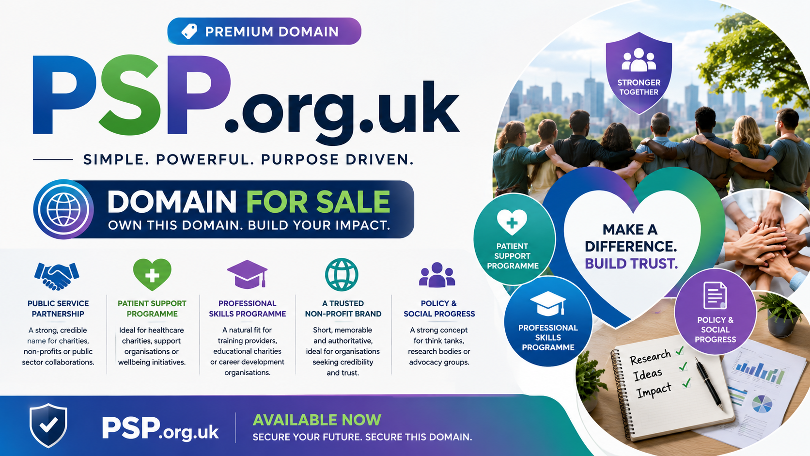 Promotional banner featuring PSP.org.uk with charity icons, community imagery and bold domain-for-sale messaging. Style: bright modern.