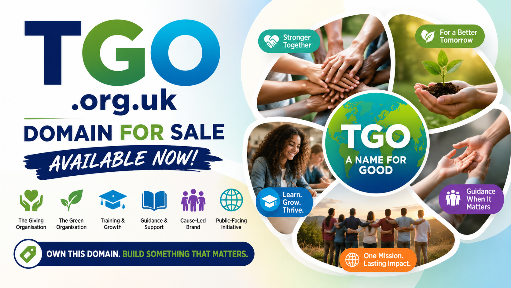 Landscape promotional graphic featuring the domain tgo.org.uk with charity, education and eco-themed visuals. Style: bright modern nonprofit branding.