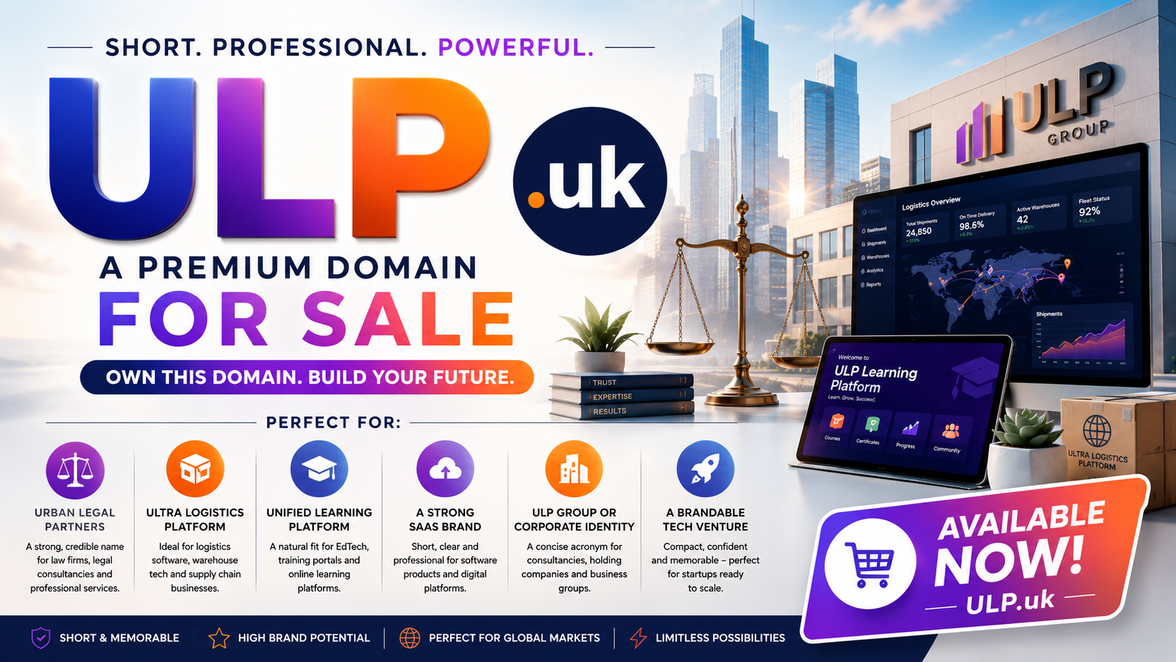 Promotional graphic for ULP.uk with legal scales, analytics dashboards and corporate branding. Style: bright modern enterprise.
